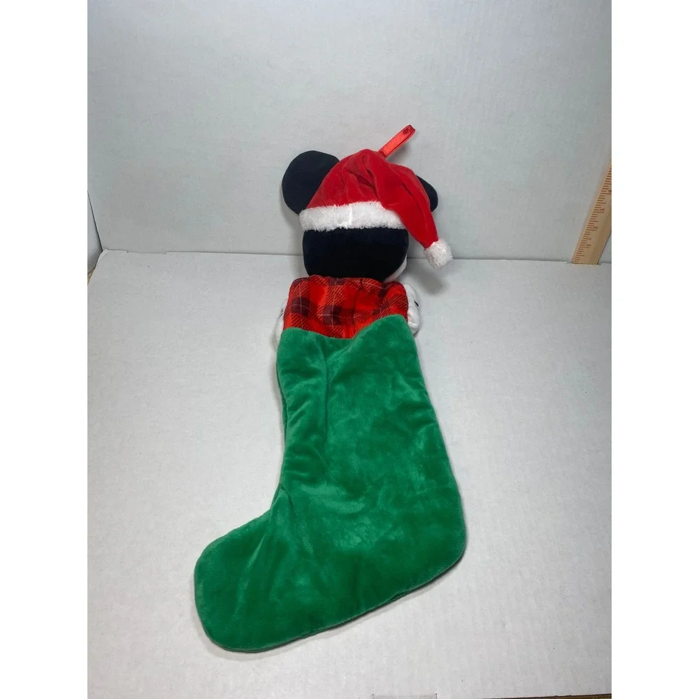 Disney Mickey Mouse Plush Christmas Stocking Jingle Bell Fun Green Red Plaid 18